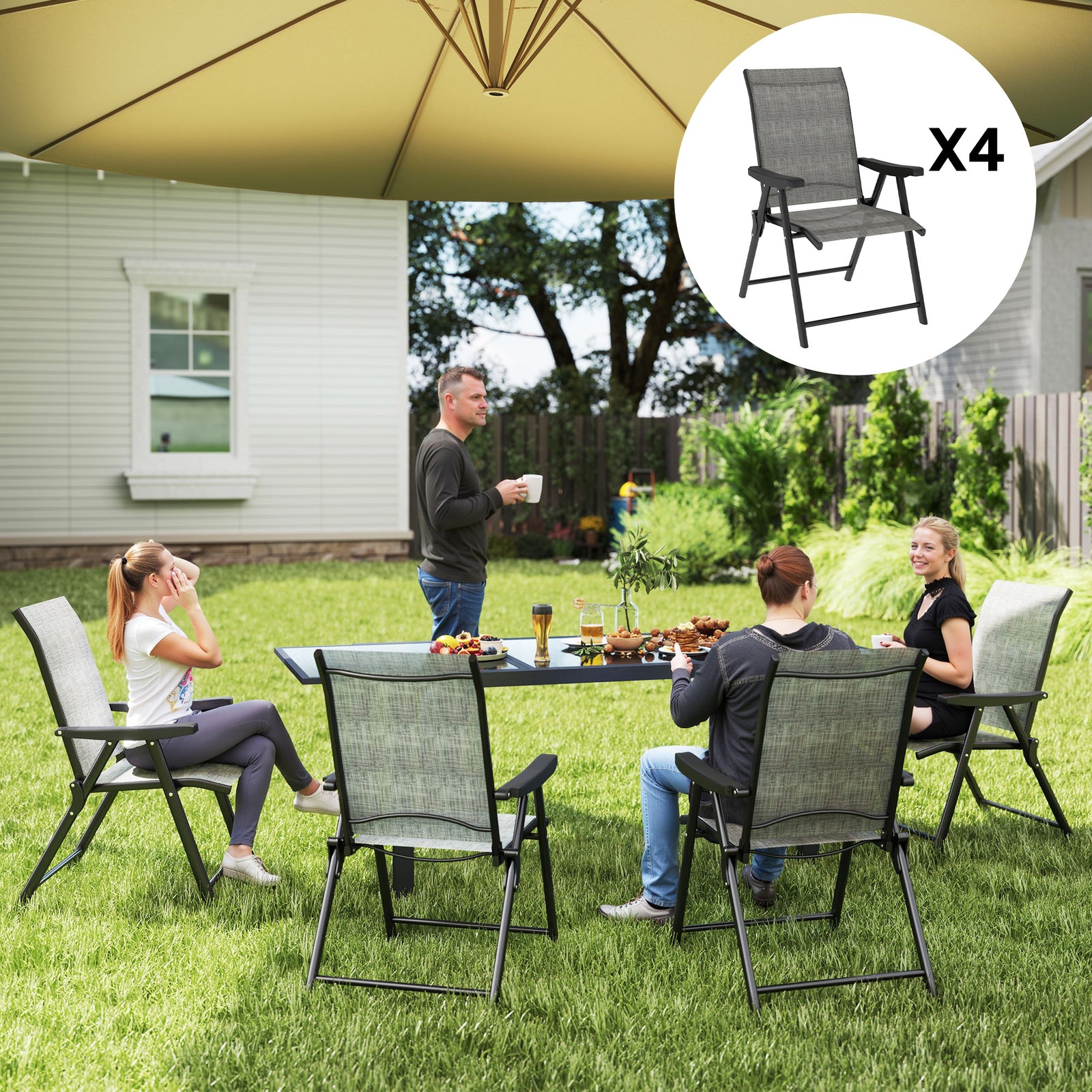 Set of Four Folding Outdoor Chairs - Black/Grey