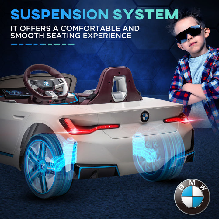 BMW i4 Licensed 12V Kids Electric Ride-On Car, White, Red and Light Blue