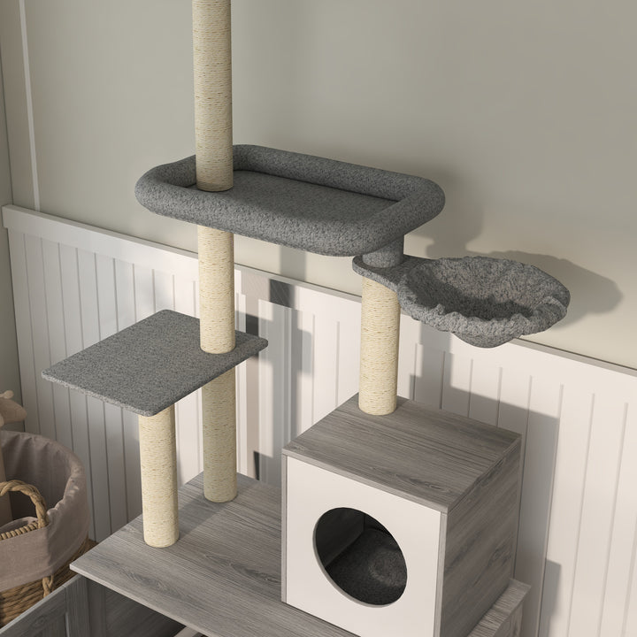 PawHut Cat Tree w/ Hidden Litter Box, 2 in 1 Floor to Ceiling Cat Litter Box Furniture w/ Cat House, Bed, Hammock, Scratching Posts | Aosom UK