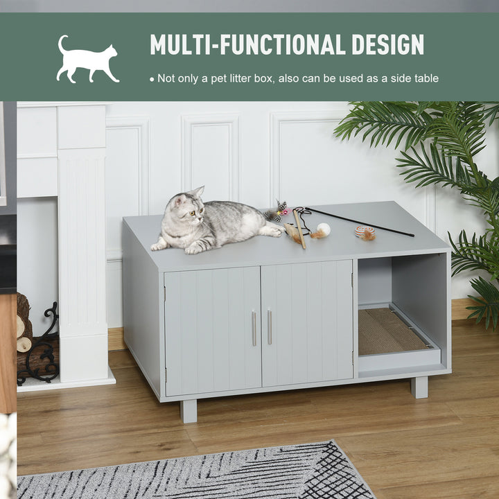 MCL Wooden Cat Litter Box Enclosure & House with Nightstand/End Table Design, Scratcher, & Magnetic Doors, Grey
