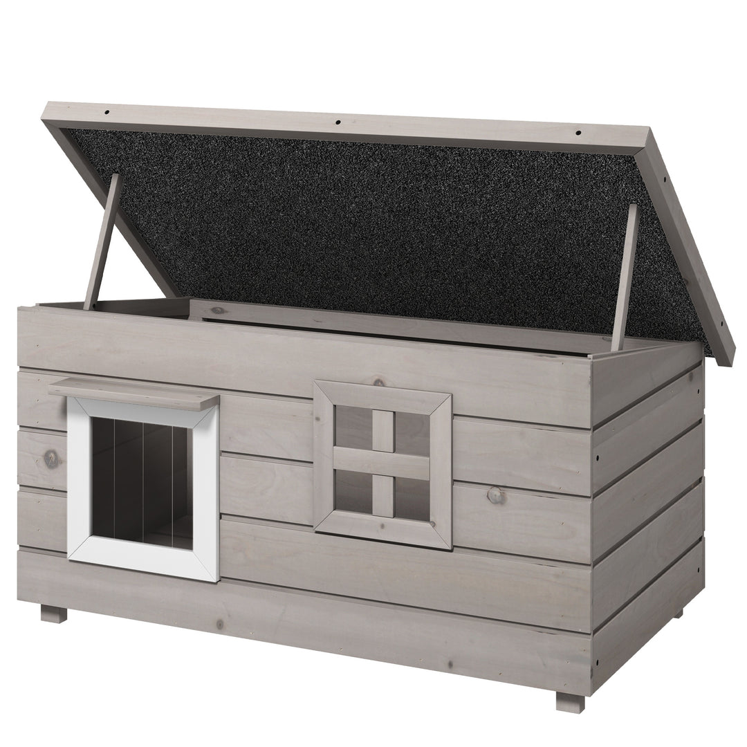 MCL Wooden Outdoor Cat House, Elevated Cat Shelter Kennel, Pet Play House with Openable Top, Asphalt Roof, Window, Grey
