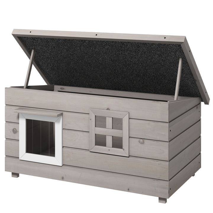 MCL Wooden Outdoor Cat House, Elevated Cat Shelter Kennel, Pet Play House with Openable Top, Asphalt Roof, Window, Grey