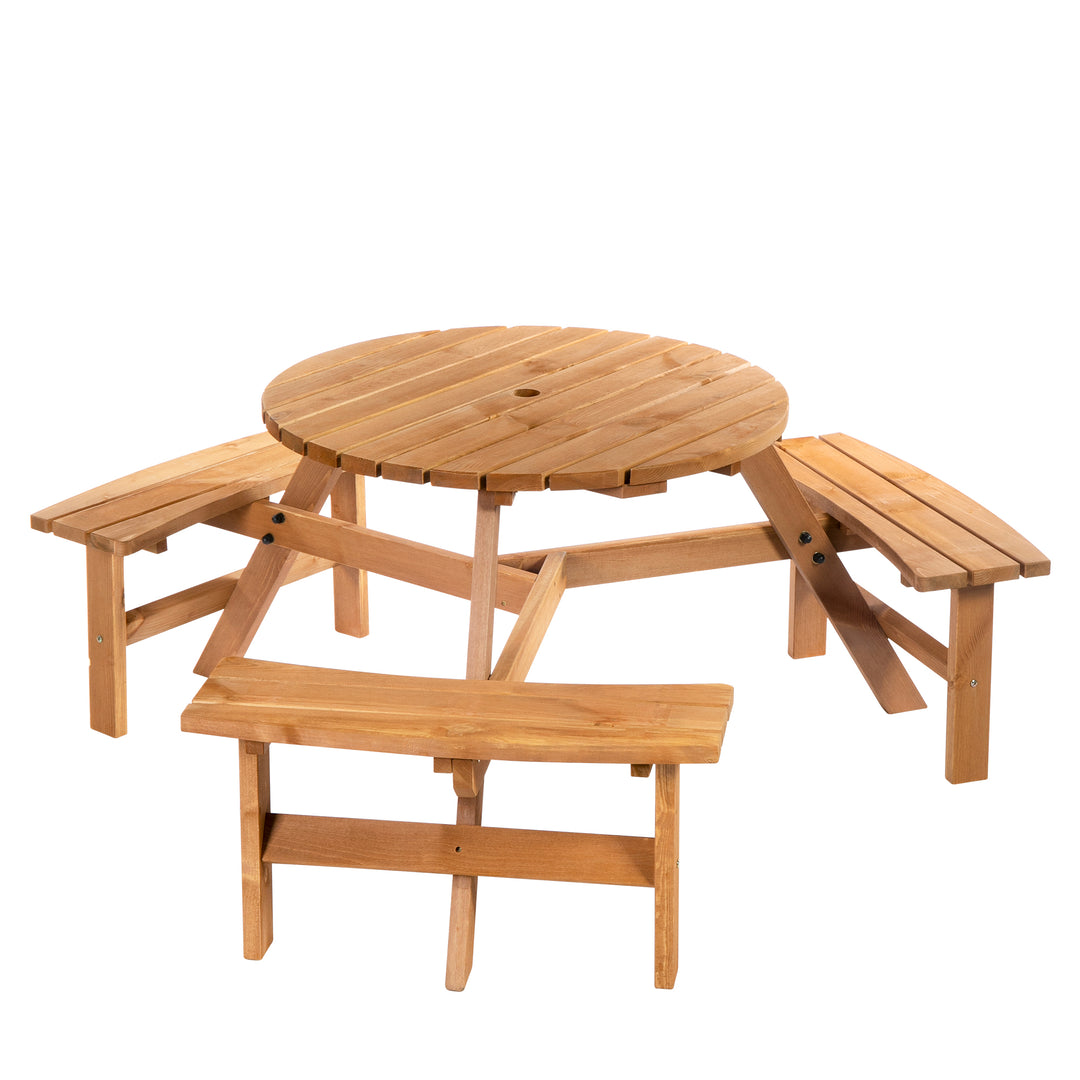 MCL 6 Seater Wooden Picnic Table and Garden Benches Set, Round Garden Dining Set with 3 Benches and Umbrella Hole Outdoor Garden Park, Brownish Red