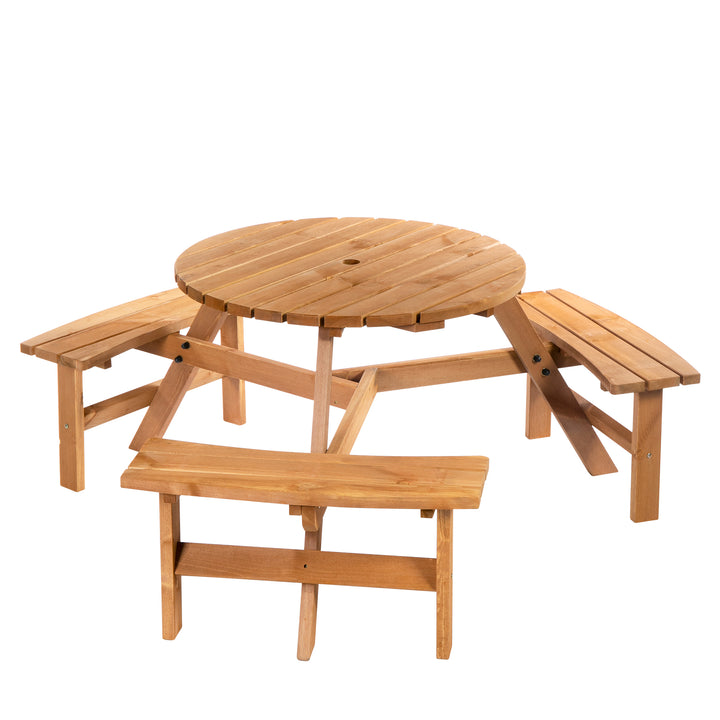 MCL 6 Seater Wooden Picnic Table and Garden Benches Set, Round Garden Dining Set with 3 Benches and Umbrella Hole Outdoor Garden Park, Brownish Red