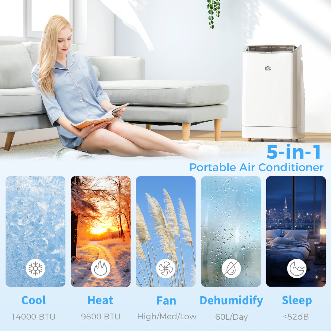 14000 BTU Mobile Air Conditioner, Smart Home WiFi Compatible, with Heater, Cooler, Dehumidifier, Fan, 24H Timer