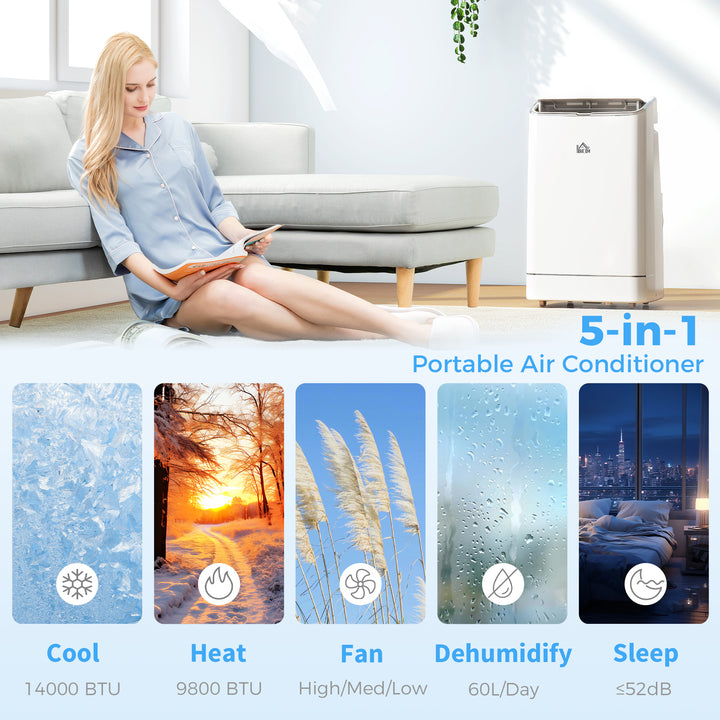 14000 BTU Mobile Air Conditioner, Smart Home WiFi Compatible, with Heater, Cooler, Dehumidifier, Fan, 24H Timer