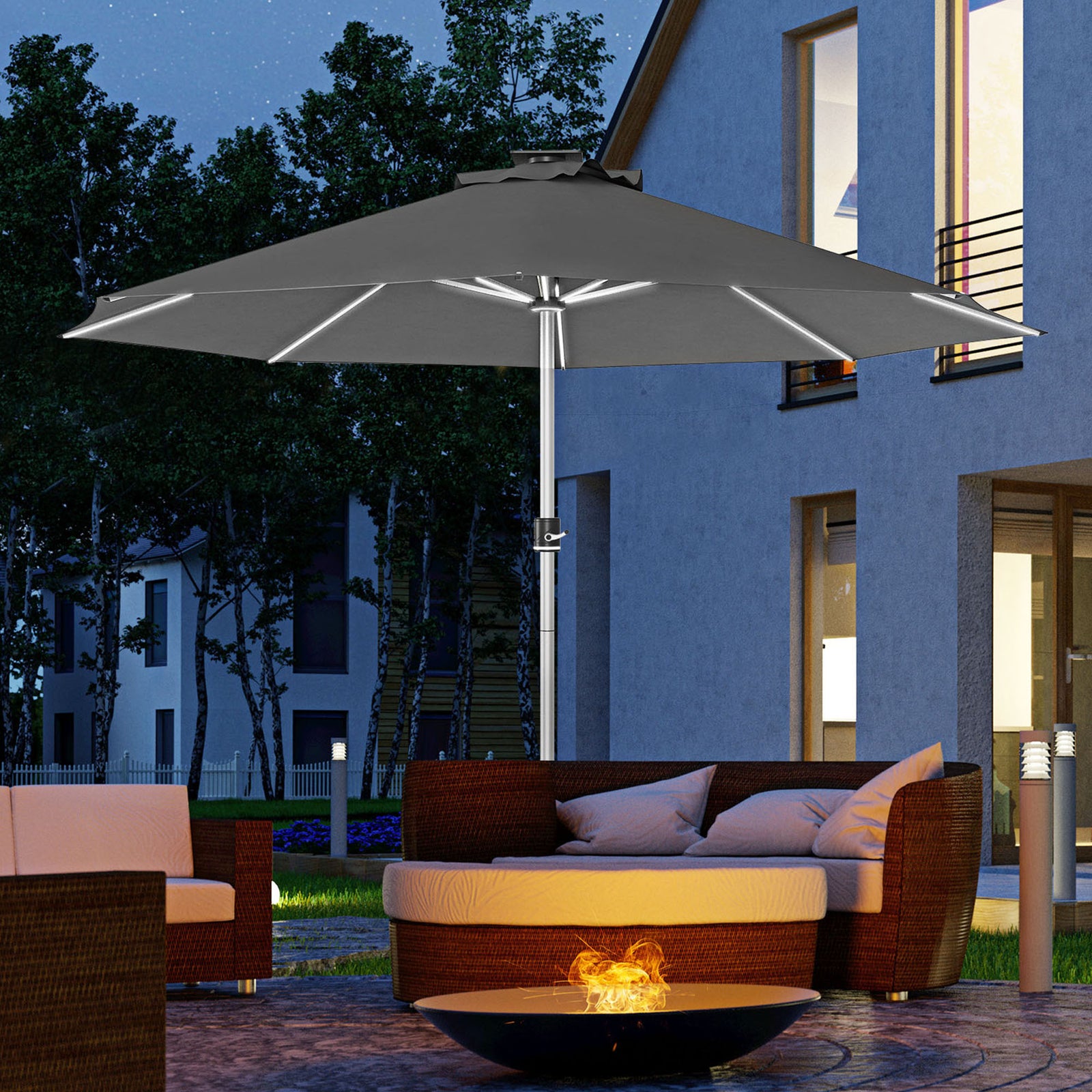 3m Parasol, with Solar-Powered LED Lights - Grey