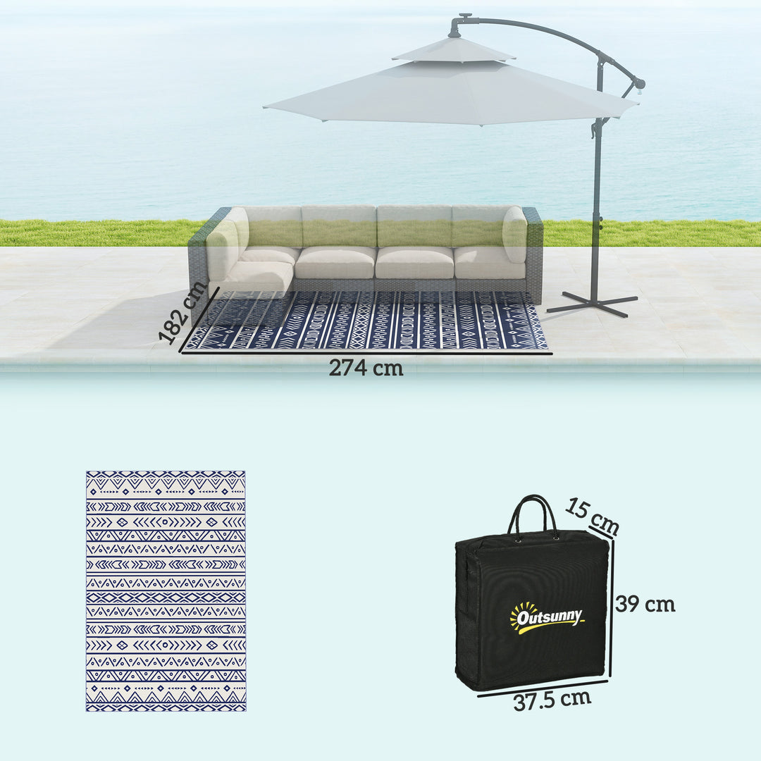Reversible Outdoor Rug with Carry Bag, Waterproof Plastic Straw Mat for Garden, Deck, RV, Picnic, Beach, Camping, 182 x 274cm, Dark Blue and White