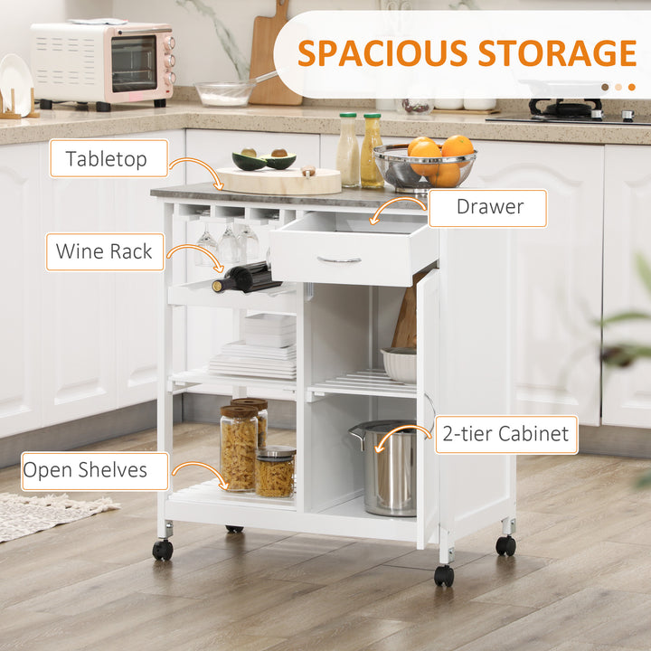 HOMCOM Compact Kitchen Trolley Utility Cart on Wheels with Wine Rack, Drawer, Open Shelf and Storage Cabinet for Dining Room, White