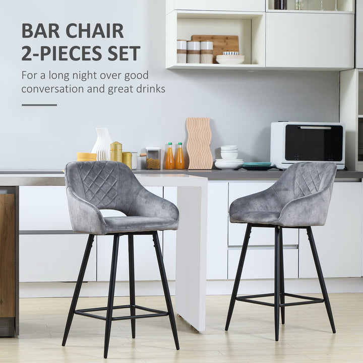 HOMCOM Set of 2 Bar stools With Backs, Velvet-Touch Fabric Counter Height Bar Chairs, Kitchen Stools with Steel Legs for Dining Area, Grey | Aosom UK