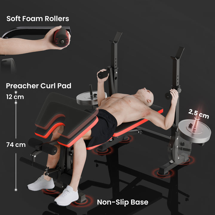 Adjustable Weight Bench with Leg Extension, Barbell Rack, Preacher Curl Pad, Butterfly, Multi-Function Home Gym Bench for Strength Training, Red