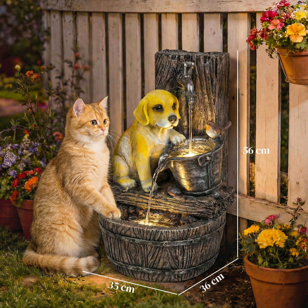 Garden Water Feature with 3-Tier Rustic Puppy Design, Freestanding Res