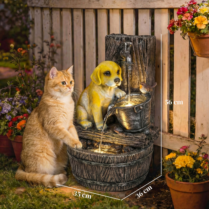 Garden Water Feature with 3-Tier Rustic Puppy Design, Freestanding Res