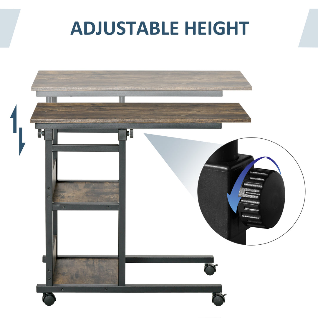C-Shaped Side Table Industrial Mobile Rolling End Desk with 3-Tier Storage Shelving, Adjustable Height, Wheels
