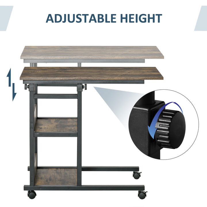 C-Shaped Side Table Industrial Mobile Rolling End Desk with 3-Tier Storage Shelving, Adjustable Height, Wheels