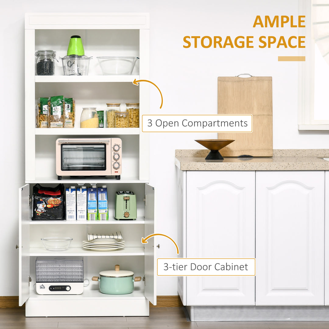 Kitchen Cupboard with 6-tier Shelving, Freestanding Storage Cabinet, Pantry Cupboard with 3 Open Compartments and Double-door Cabinet with Adjustable Shelves, White