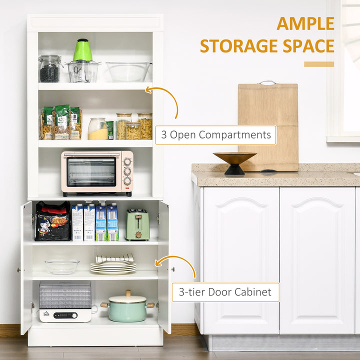 Kitchen Cupboard with 6-tier Shelving, Freestanding Storage Cabinet, Pantry Cupboard with 3 Open Compartments and Double-door Cabinet with Adjustable Shelves, White