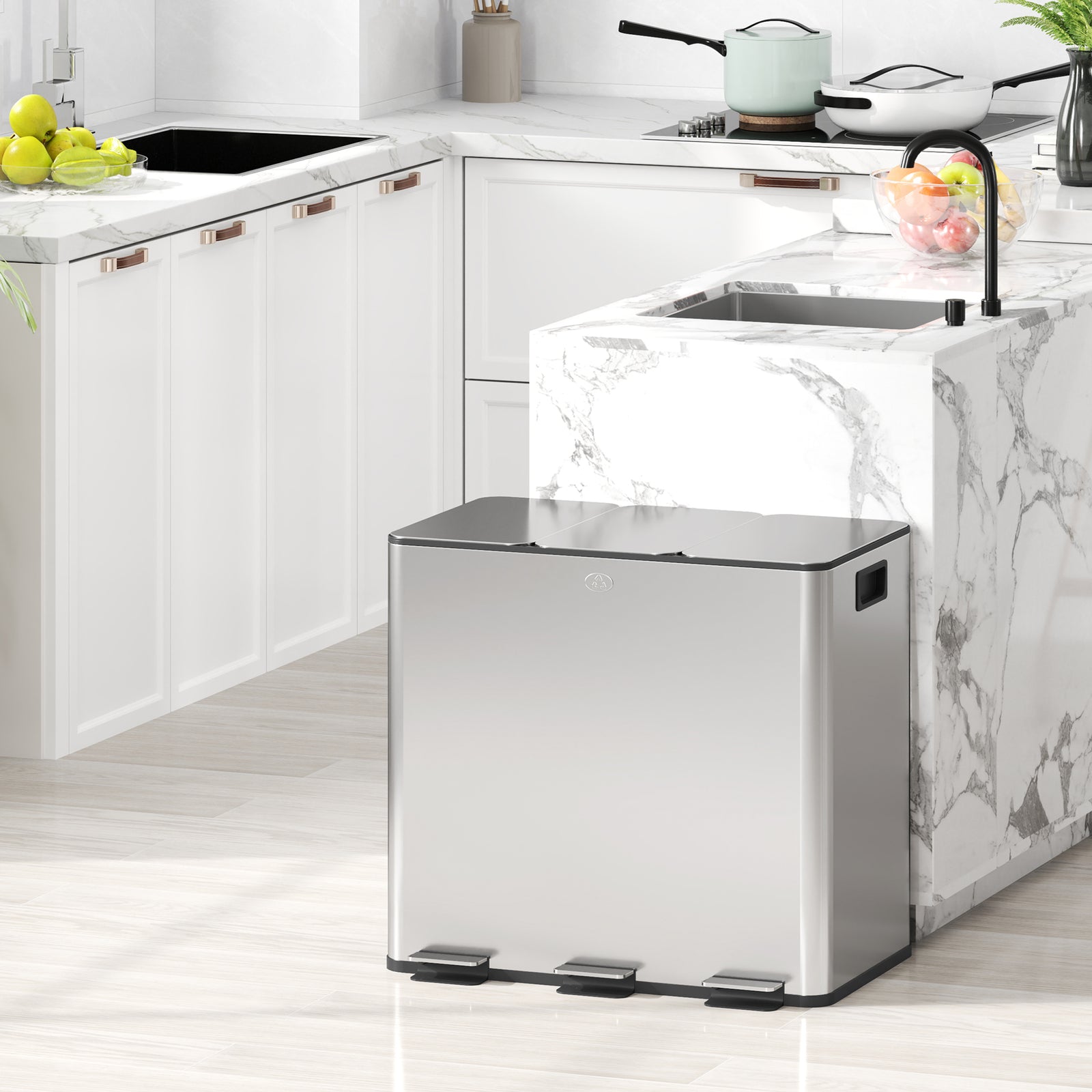 3 x 15L Pedal Bin, Steel Triple Kitchen Bin with Soft Close Lid, Removable Inner Buckets, Fingerprint-Proof, Silver Tone