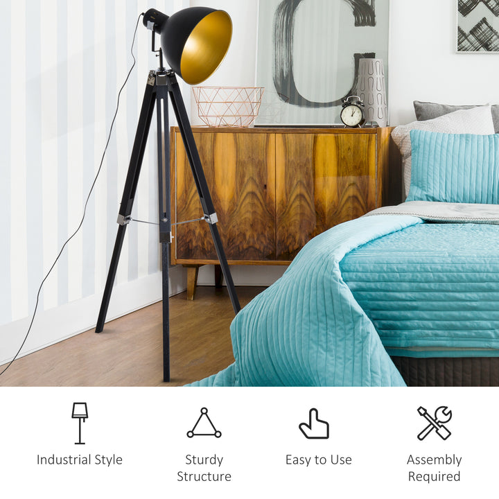 Tripod Floor Lamp, Spotlight Reading Lamp w/ Adjustable Height, Angle, Wood Legs for Living Room, Bedroom, Home, Office, Black and Gold