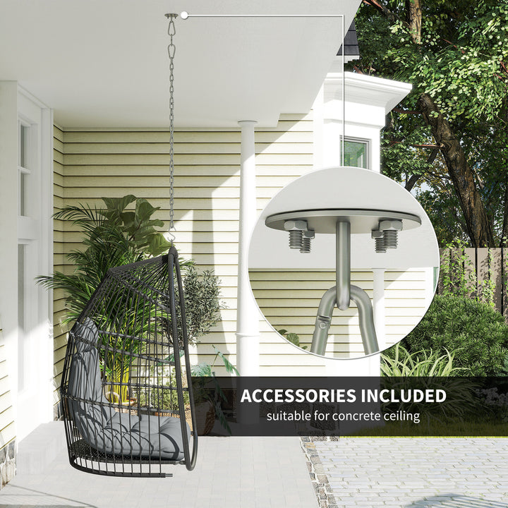 Hanging Egg Chair, Foldable Rattan Garden Swing Chair with Installation Kit, Thickened Cushion and Headrest, Indoor Outdoor Hanging Egg Basket Seat for Patio, Porch, Dark Grey
