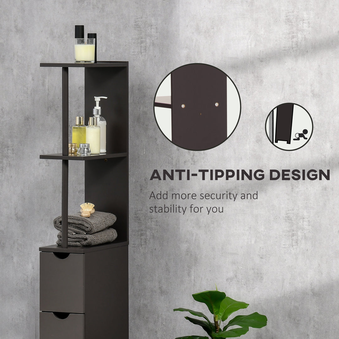 MCL Tall Bathroom Cabinet, Freestanding Bathroom Storage Cabinet with 2-Tier Shelf and Drawers, Narrow Cupboard Storage Unit, Brown