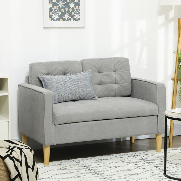 Modern 2 Seater Sofa with Hidden Storage, 117cm Tufted Cotton Couch with Wood Legs, Compact Loveseat for Living Room, Kitchen, Light Grey