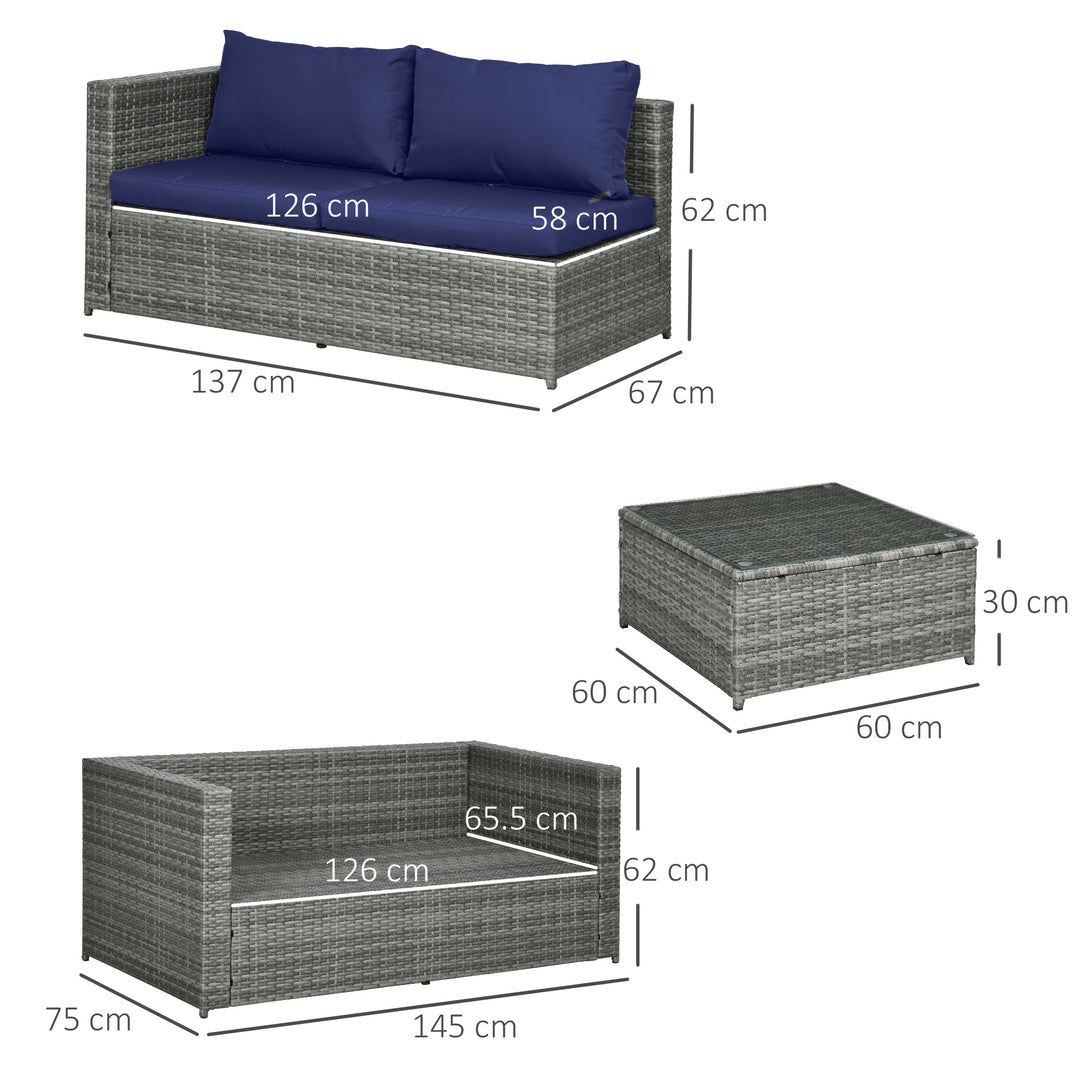 3 Pieces PE Rattan Garden Furniture Set with 10 cm Thick Cushions, 4 Seater Garden Corner Sofa Set with Glass Top Coffee Table, Outdoor Furniture for Patio, Porch, Blue