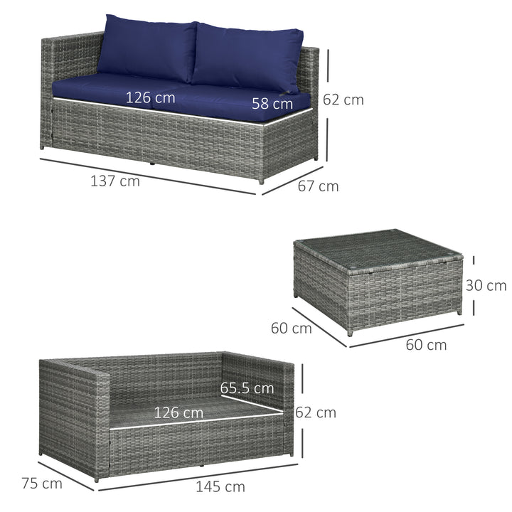 3 Pieces PE Rattan Garden Furniture Set with 10 cm Thick Cushions, 4 Seater Garden Corner Sofa Set with Glass Top Coffee Table, Outdoor Furniture for Patio, Porch, Blue