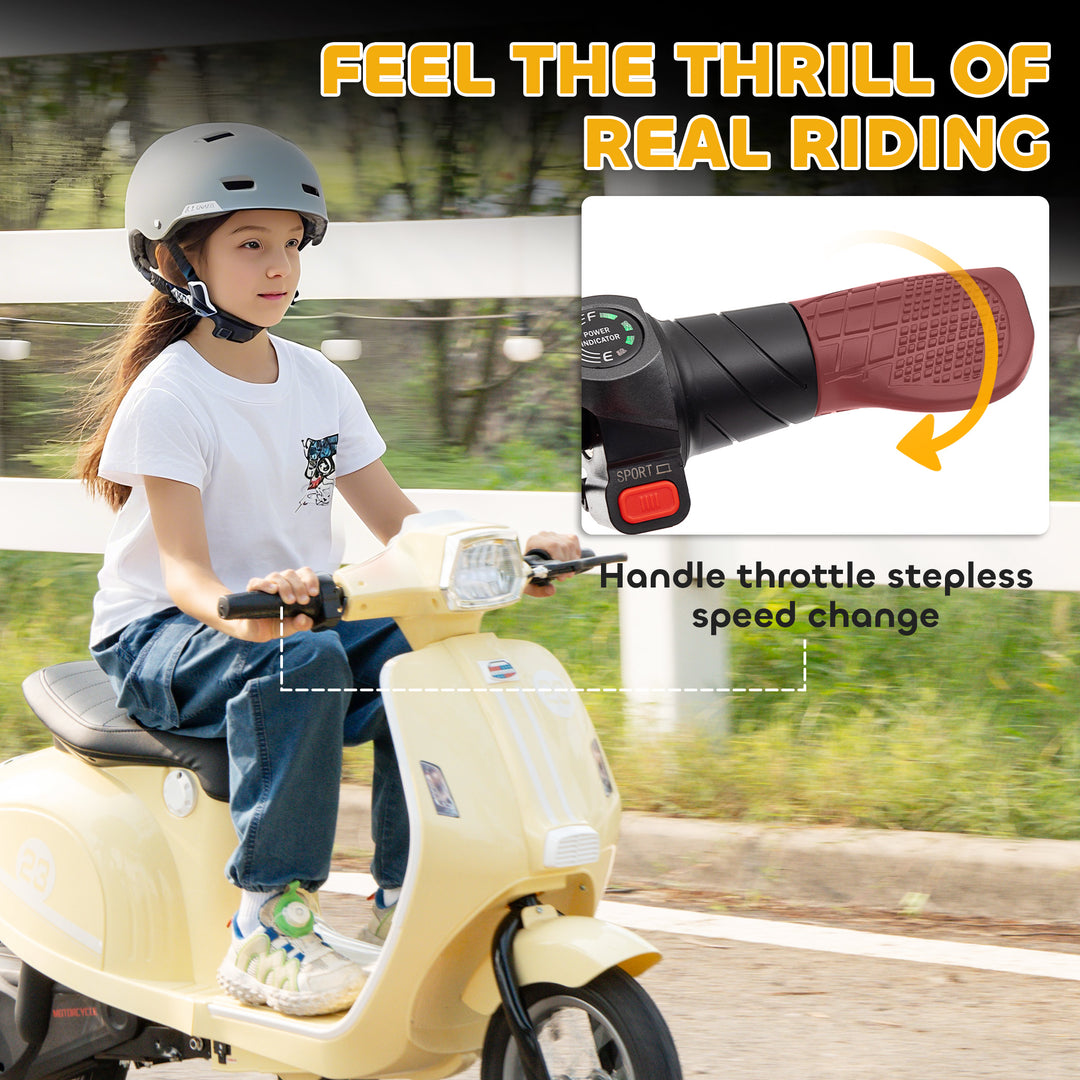 MCL 24V Kids Electric Motorbike, Ride on Motorcycle with Manual Throttle, Brakes and LED Lights for Ages 8-12 Years, Beige