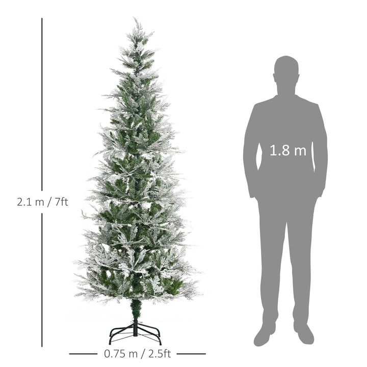 MCL 7 Ft Pencil Snow Flocked Artificial Christmas Tree with Realistic Cypress Branches, Auto Open, Green
