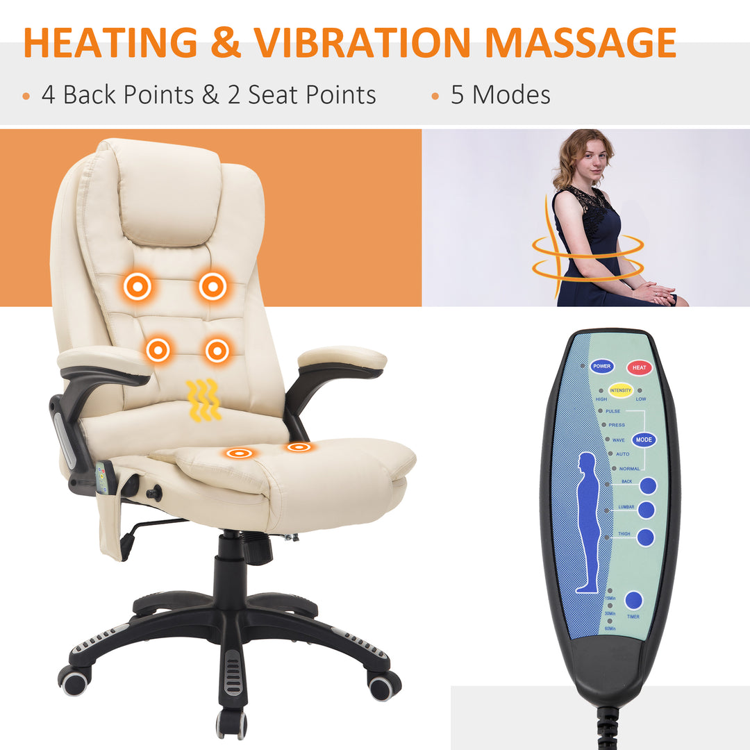 6-Point Massage Office Chair with Seat Heated for Home Office, PU Leather High Back Executive Desk Chair with Adjustable Height and 360° Swivel for Work Study, Beige