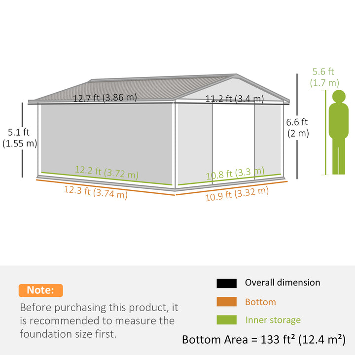 Outsunny 13 x 11ft Foundation Ventilation Steel Outdoor Garden Shed Grey