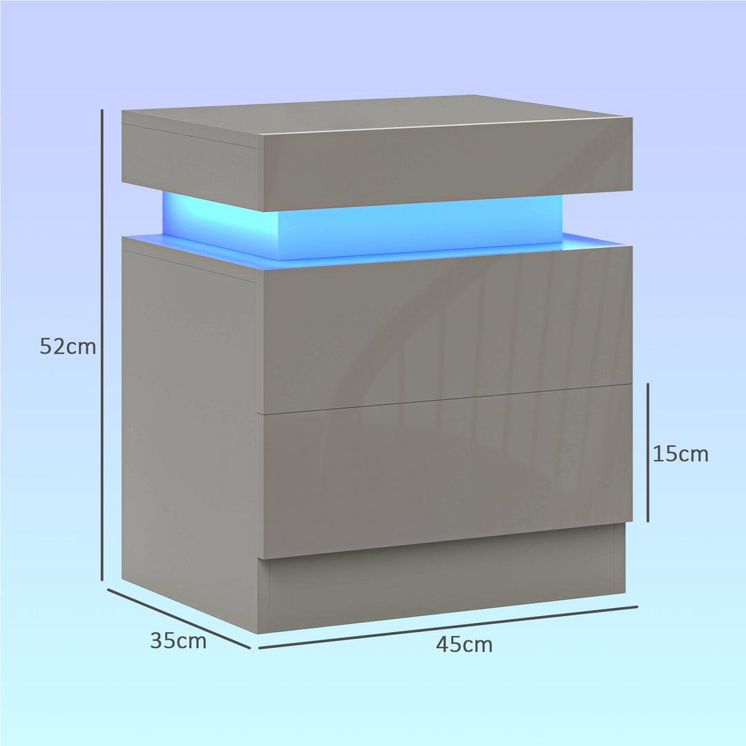 Grey Bedside Table with LED Light, High Gloss Front Nightstand with 2 
