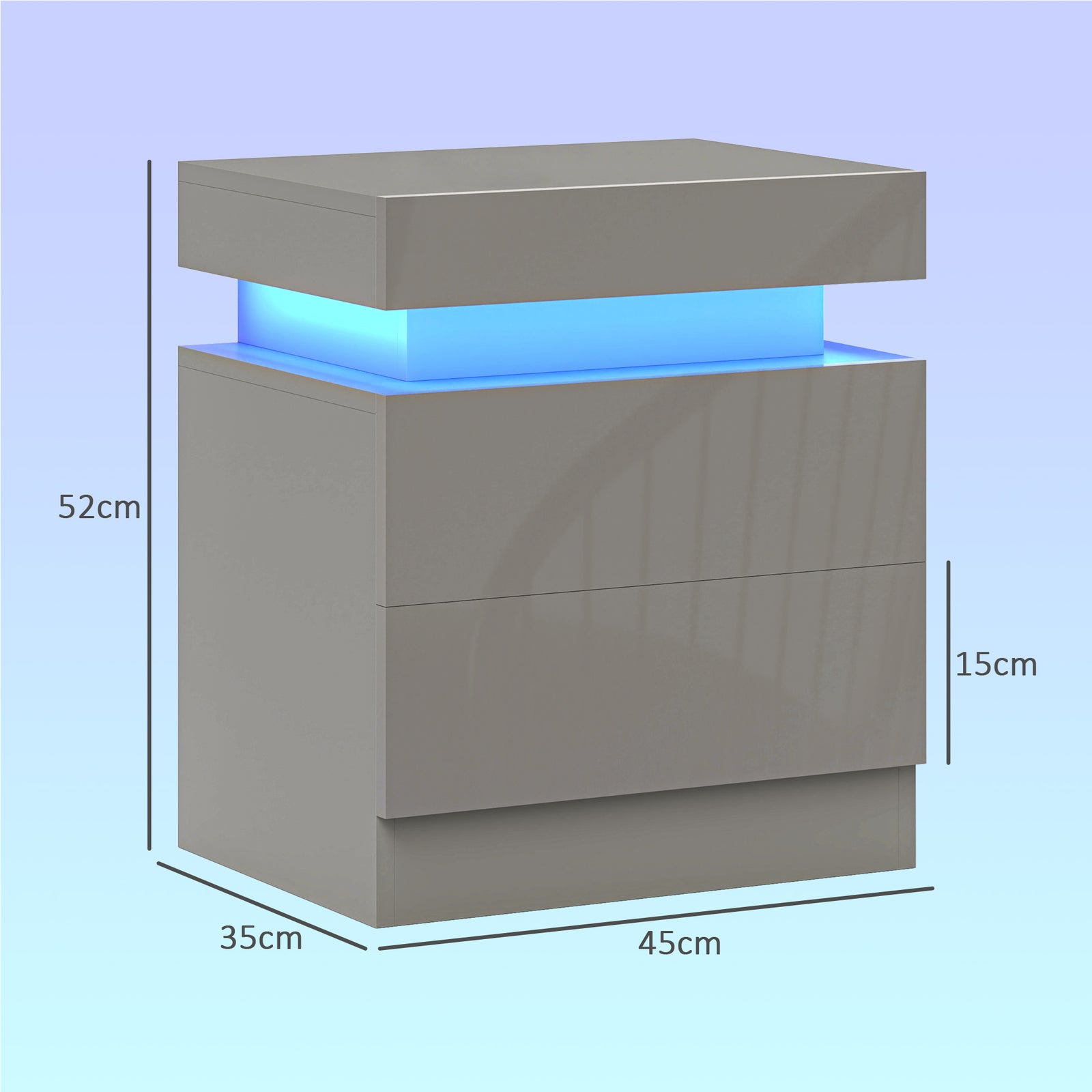Grey Bedside Table with LED Light, High Gloss Front Nightstand with 2 