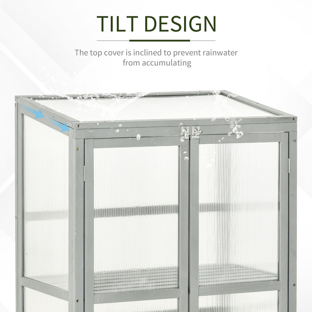 Wooden Cold Frame Greenhouse Polycarbonate Garden Grow House for Flower Vegetable Plants with Adjustable Shelf, Double Doors, 76 x 47 x 110cm, Light Grey