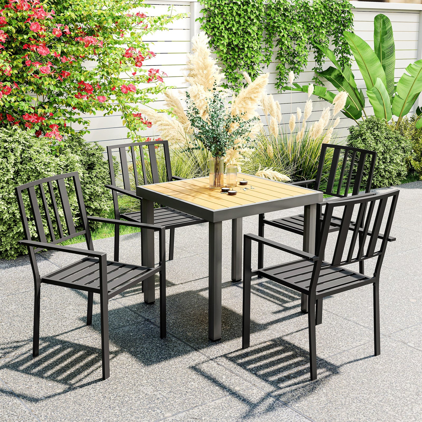 Set of Four Minimal Metal Garden Chairs - Black