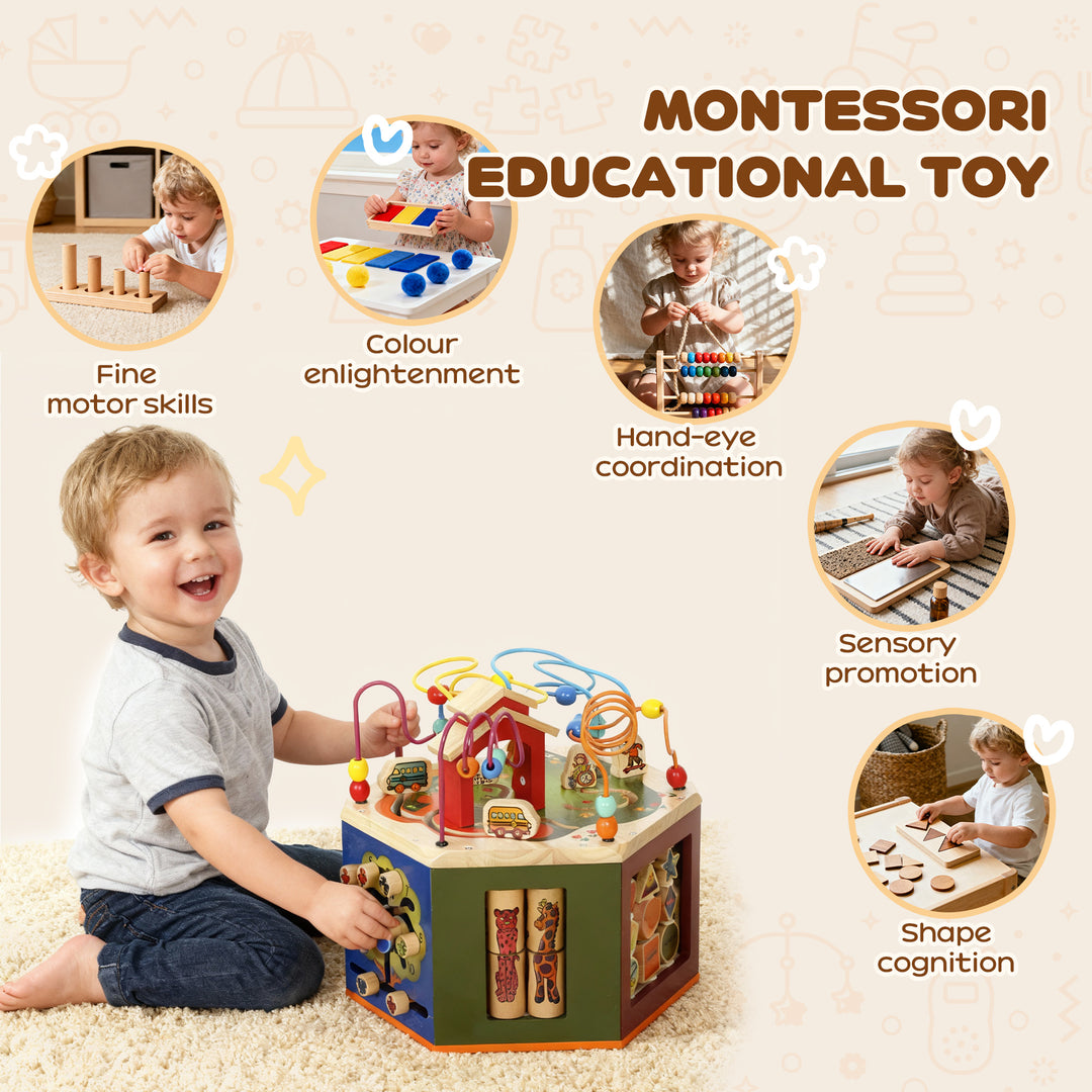 MCL 8 in 1 Wooden Activity Cube with Bead Maze, Shape Sorter, for Kids Boys Girls 18+ Months