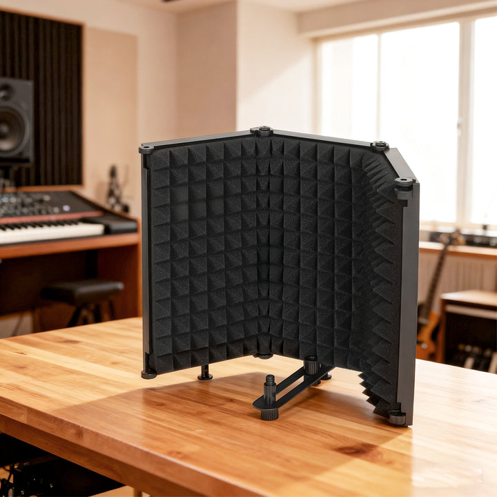 Studio Microphone Isolation Shield, Foldable Adjustable Recording Studio Equipment, 3-Panel High Density Absorbent Foam Shield with 3/8" Threaded Mount