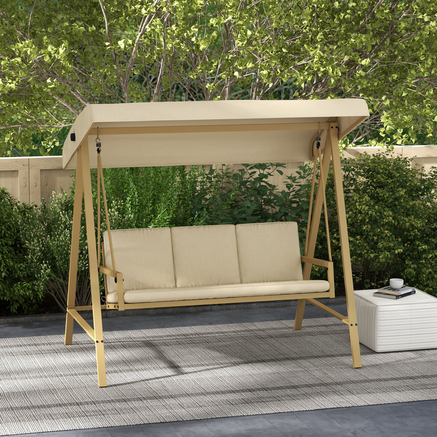 Three-Seat Garden Swing Chair, with Adjustable Canopy - Beige