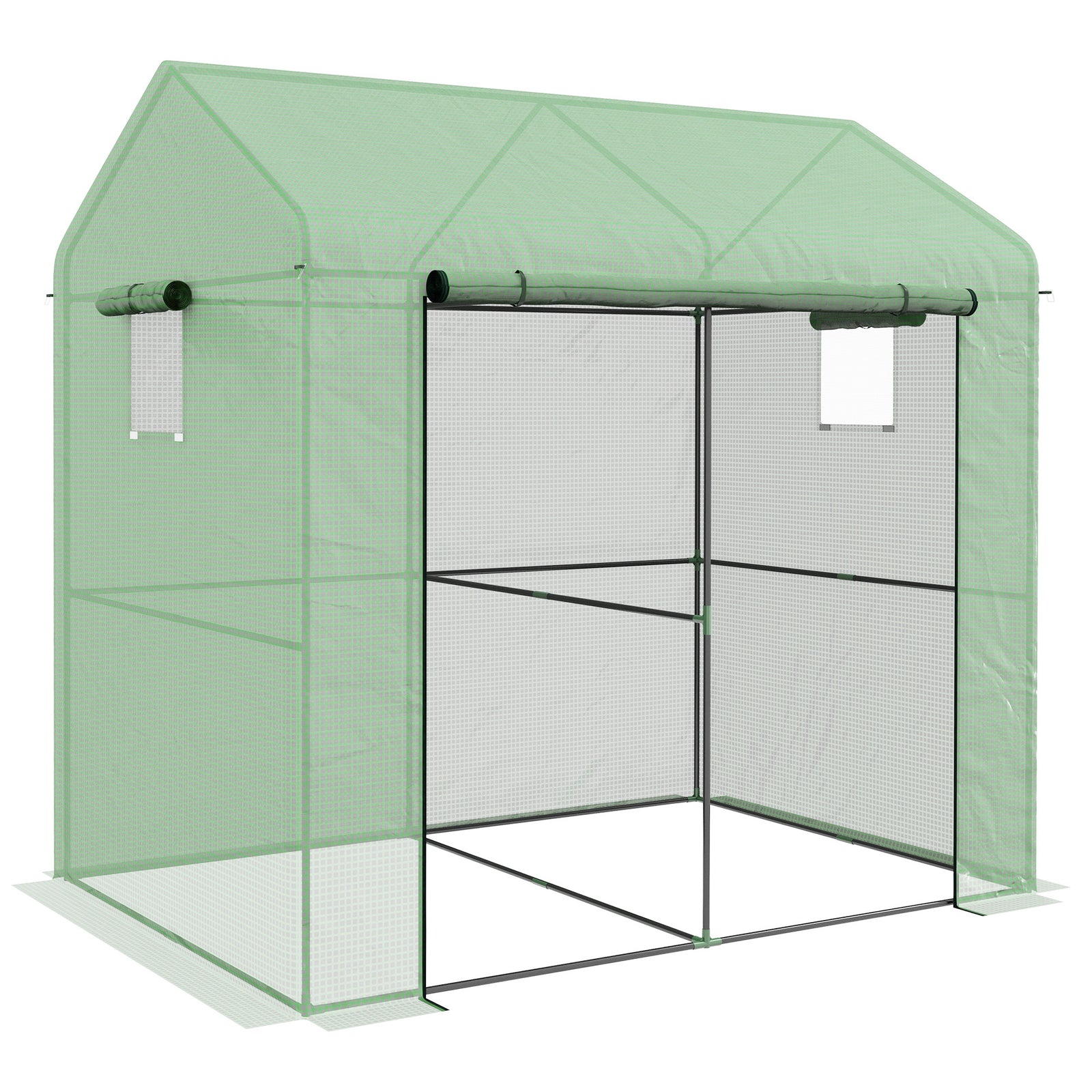 Greenhouse, Walk-in Garden Grow House with Roll-up Door and Mesh Windows, 200 x 140 x 200cm, Green