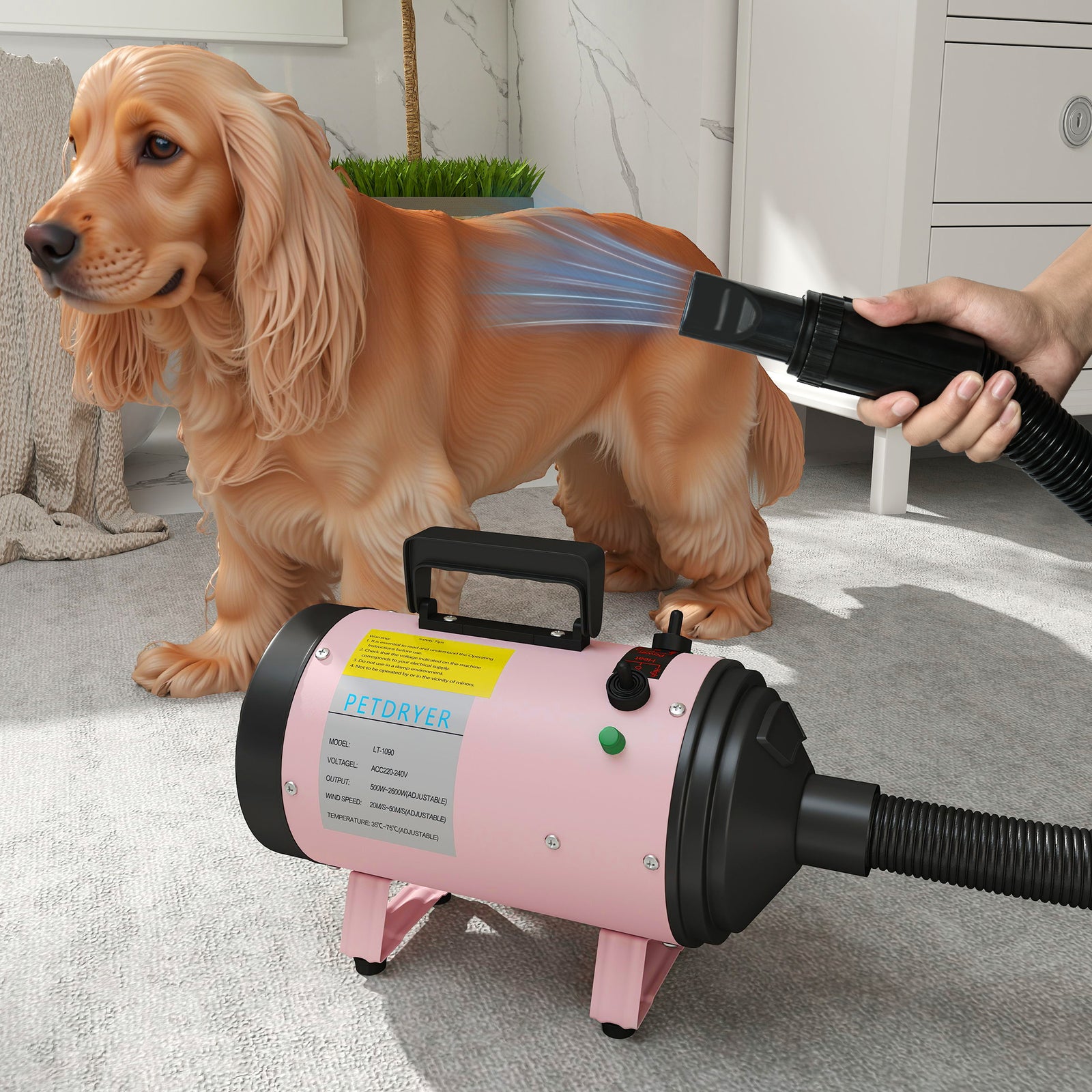 2200W Dog Hair Dryer with Adjustable Temperature & Velocity, 3 Different Nozzles, Pink