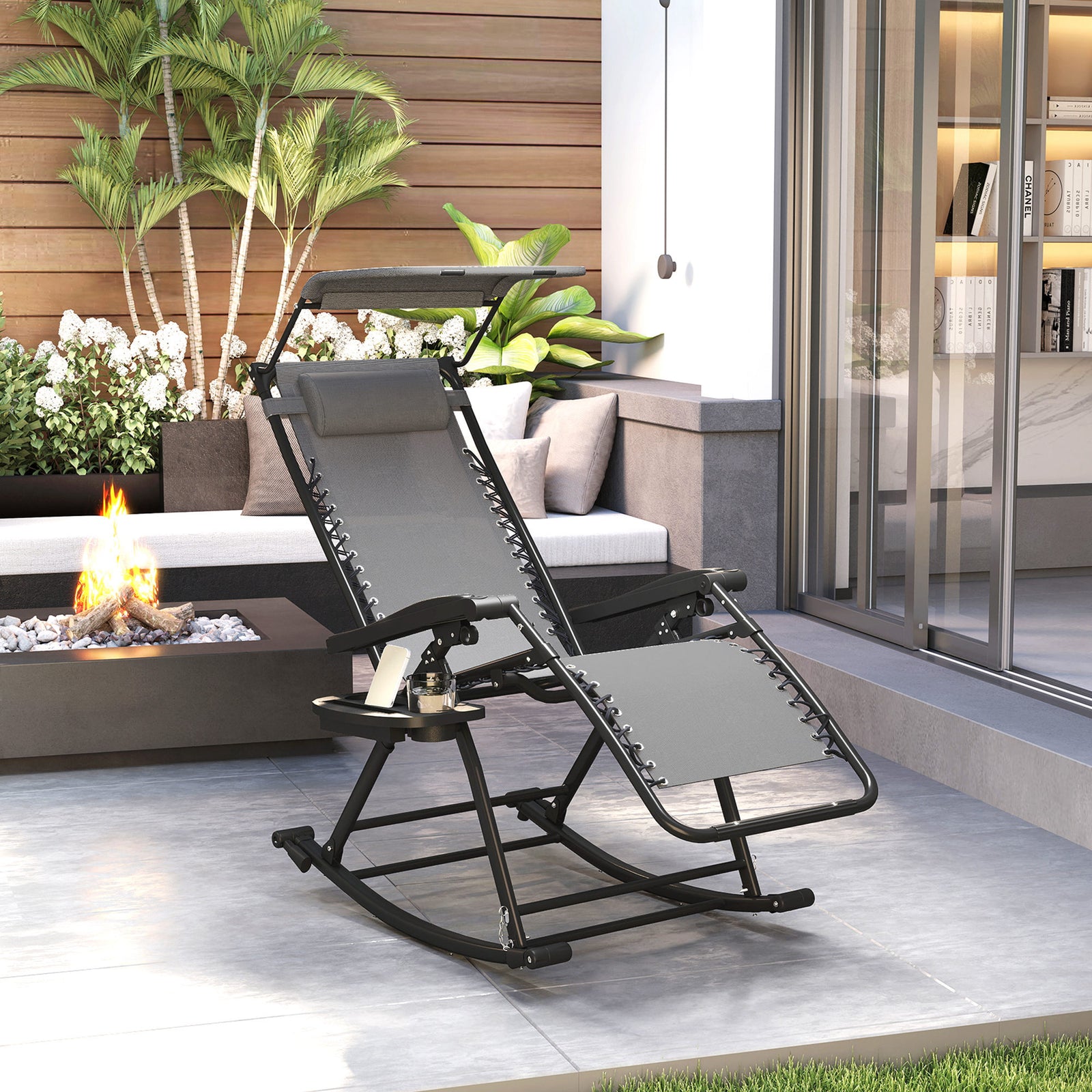 Garden Rocking Chair Folding Recliner Outdoor Adjustable Sun Lounger Rocker Zero-Gravity Seat with Headrest Side Holder Patio Deck - Grey