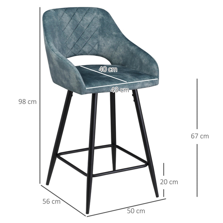 Bar Stools Set of 2, Velvet-Touch Fabric Counter Height Bar Chairs, Kitchen Stools with Steel Legs for Dining Area, Kitchen Island Barstools, Blue