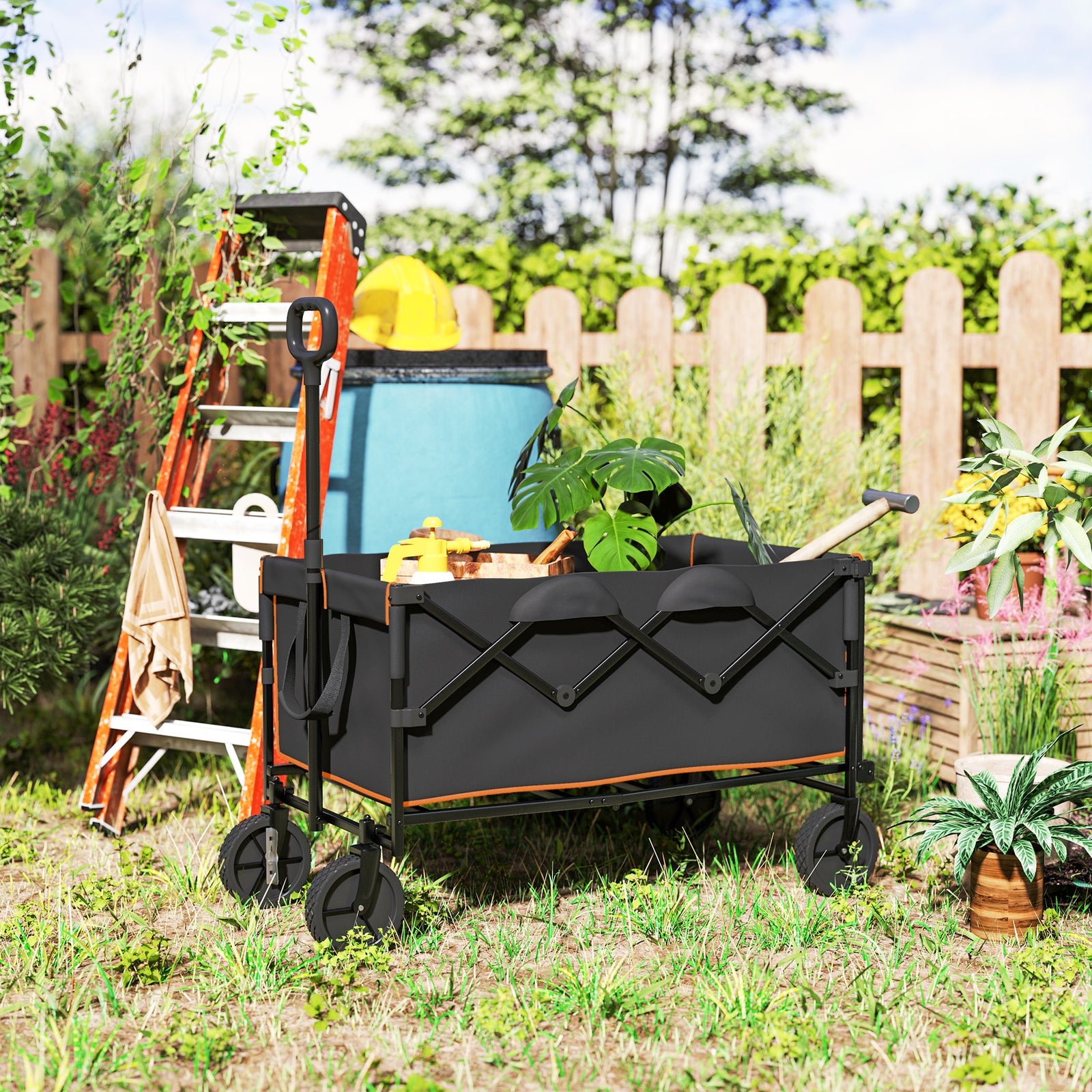 160L Festival Trolley on Wheels, Folding Camping Trolley Cart w/ Tailgate, 100kg Heavy Duty Garden Collapsible Folding Wagon w/Adjustable Handle, Carry Bag for Beach Picnic, Black and Orange