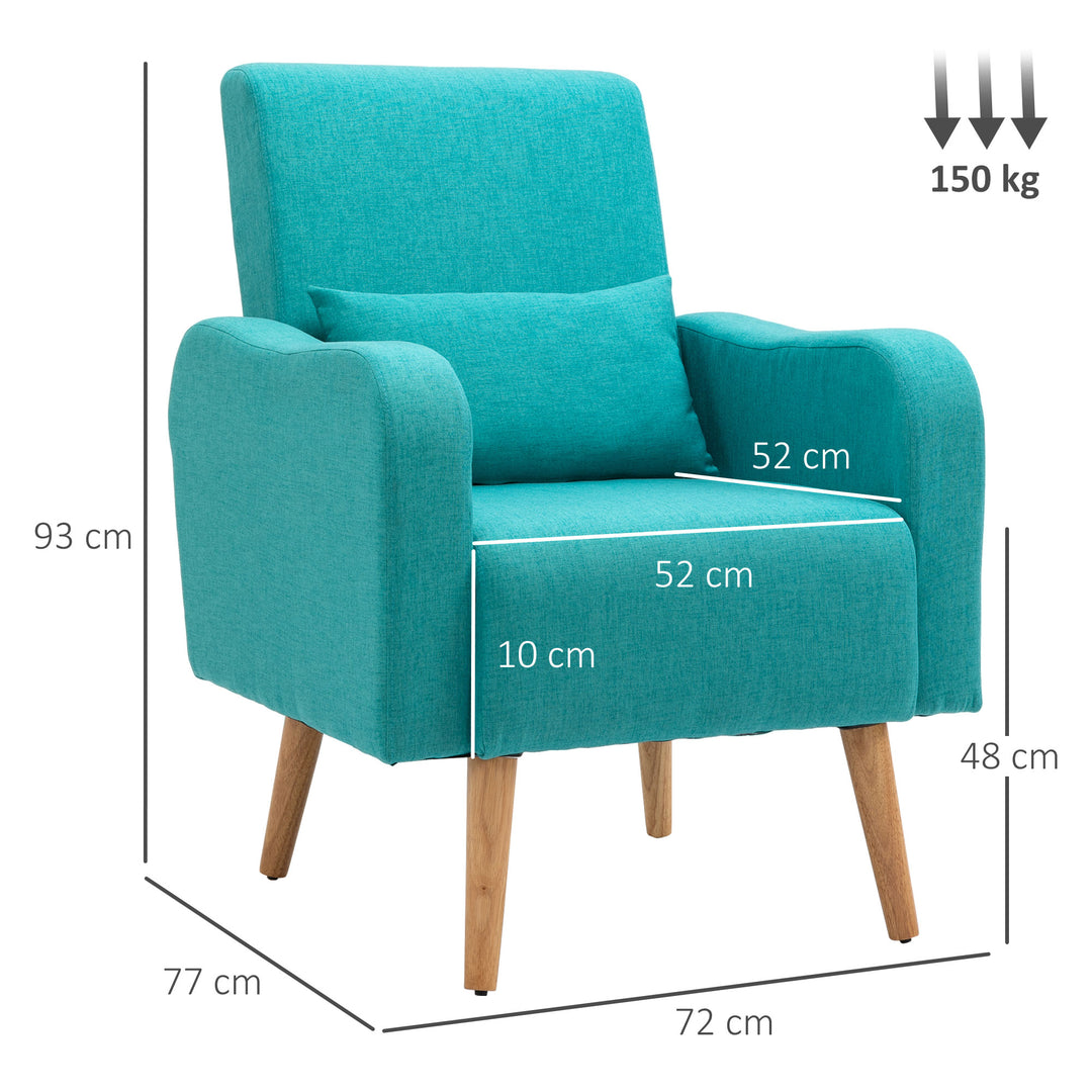 Accent Chair, Linen-Touch Armchair with Pillow, Upholstered Leisure Lounge Sofa for Living Room, Club Chair with Rubber Wooden Frame, Teal