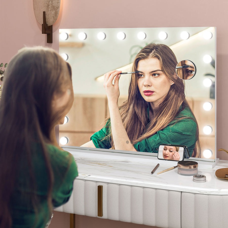 Hollywood Vanity Mirror with Lights, Large 80x62 cm Lighted Makeup Mirror with 3 Colour, 18 LED Bulbs, 10X Magnifying, USB Charging Port, Touch Screen, Tabletop or Wall Mounted Design, White