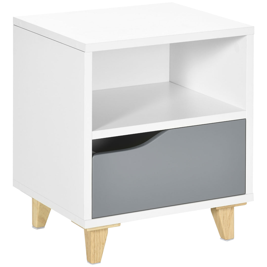 MCL Modern Bedside Table, Side End Table with Shelf, Drawer and Wood Legs, 36.8cmx33cmx43.8cm, White and Grey
