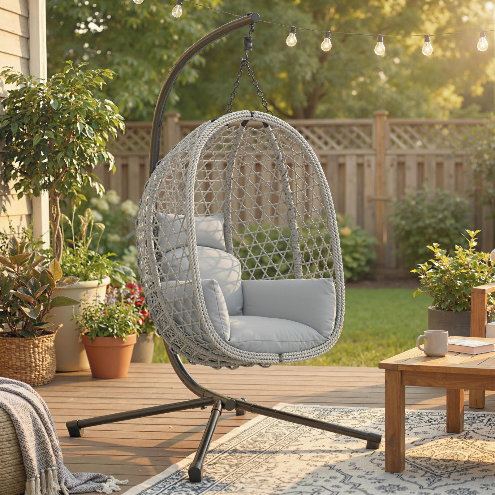 Hanging Egg Chair, Indoor Outdoor Rattan Hammock Swing Chair with Stan