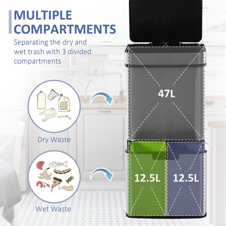 HOMCOM 72L Recycling Sensor Bin, Stainless Steel 3 Compartments for Both Wet or Dry Waste with Removable Lid Kitchen Home | Aosom UK