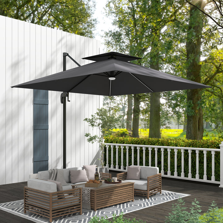 2.5m Cantilever Parasol with Solar Powered LED Lights, 360° Rotation, Tilt Adjustment, Crank Handle, Dark Grey